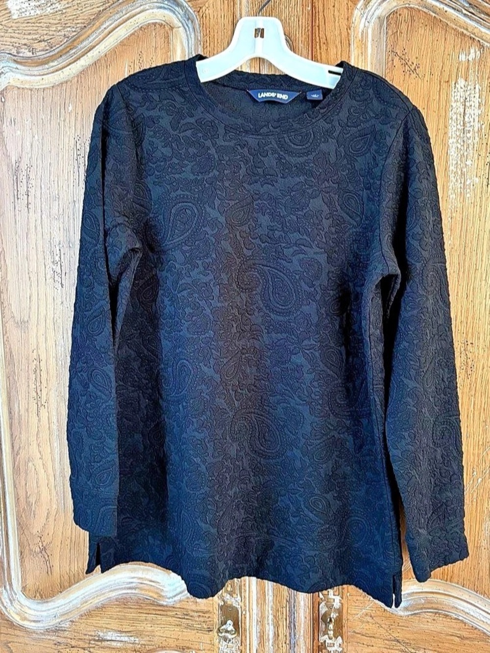 Lands' End Black Tonal Paisley Jacquard Long Sleeve Crewneck Top Medium 10-12